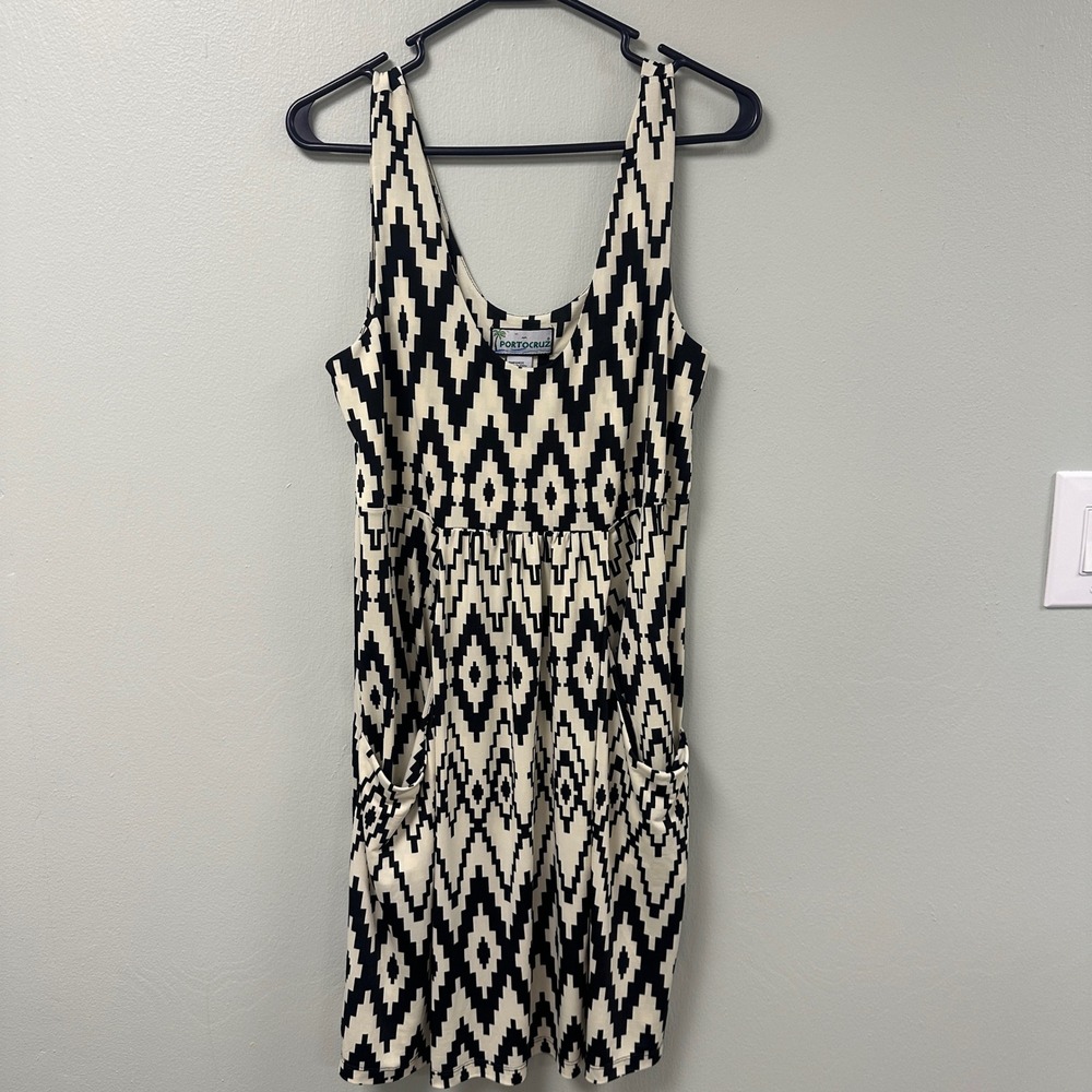 Portocruz Womens Geometric Ikat Print Sleeveless Pocket Dress Black Cream Large